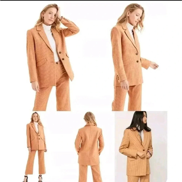 Mara Hoffman Tatum Beige Houndstooth Single Breasted Oversized Blazer Ja… - Picture 5 of 15